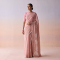 Pink Hand Embroidered Chanderi Silk Zari Border Chikankari Lucknowi Saree, draped and worn by a woman, AI visual of the saree, iTokri