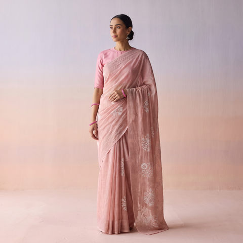 Pink Hand Embroidered Chanderi Silk Zari Border Chikankari Lucknowi Saree, draped and worn by a woman, AI visual of the saree, iTokri