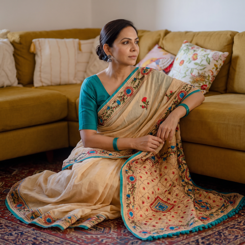Beige Hand Embroidered Chapa Work Silk Cotton Saree, draped and worn by a woman, AI visual of the saree, iTokri