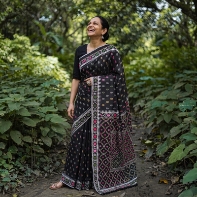 Black Hand Embroidered Chapa Work Silk Cotton Saree, draped and worn by a woman, AI visual of the saree, iTokri