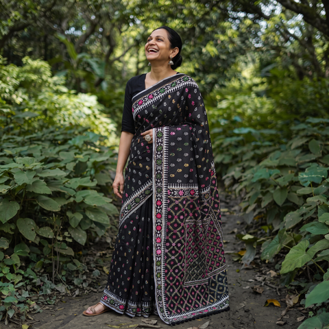 Black Hand Embroidered Chapa Work Silk Cotton Saree, draped and worn by a woman, AI visual of the saree, iTokri