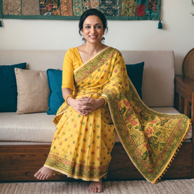 Yellow Hand Embroidered Chapa Work Silk Cotton Saree, draped and worn by a woman, AI visual of the saree, iTokri