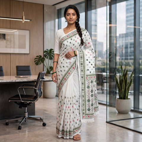 White Hand Embroidered Chapa Work Silk Cotton Saree, draped and worn by a woman, AI visual of the saree, iTokri