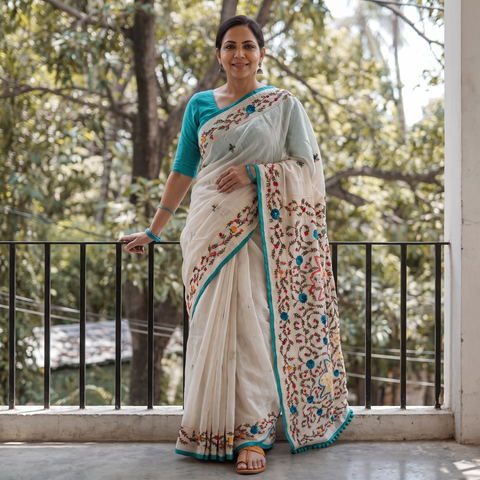 White Hand Embroidered Chapa Work Silk Cotton Saree, draped and worn by a woman, AI visual of the saree, iTokri
