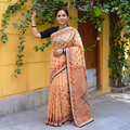Peach Hand Embroidered Chapa Work Silk Cotton Saree, draped and worn by a woman, AI visual of the saree, iTokri