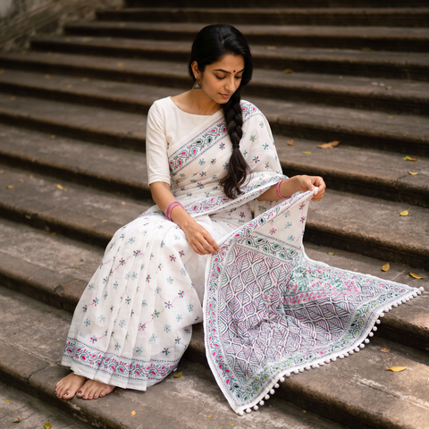 White Hand Embroidered Chapa Work Silk Cotton Saree, draped and worn by a woman, AI visual of the saree, iTokri
