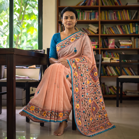 Peach Hand Embroidered Chapa Work Silk Cotton Saree, draped and worn by a woman, AI visual of the saree, iTokri