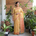 Yellow Hand Embroidered Chapa Work Silk Cotton Saree, draped and worn by a woman, AI visual of the saree, iTokri