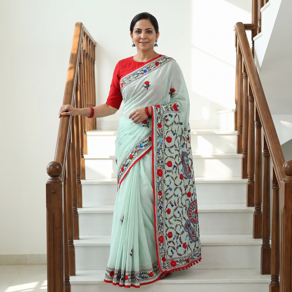 Green Hand Embroidered Chapa Work Silk Cotton Saree, draped and worn by a woman, AI visual of the saree, iTokri