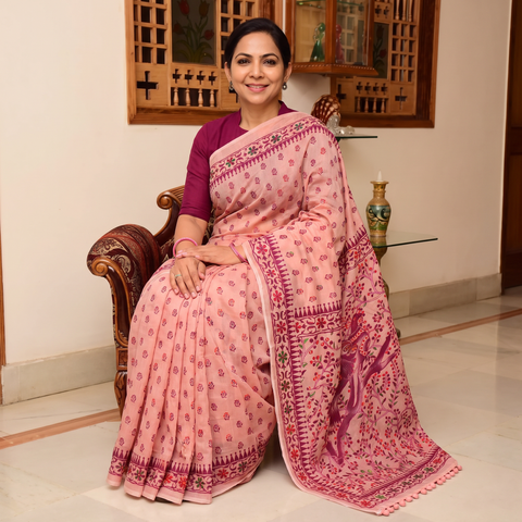 Pink Hand Embroidered Chapa Work Silk Cotton Saree, draped and worn by a woman, AI visual of the saree, iTokri