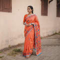Orange Hand Embroidered Chapa Work Silk Cotton Saree, draped and worn by a woman, AI visual of the saree, iTokri