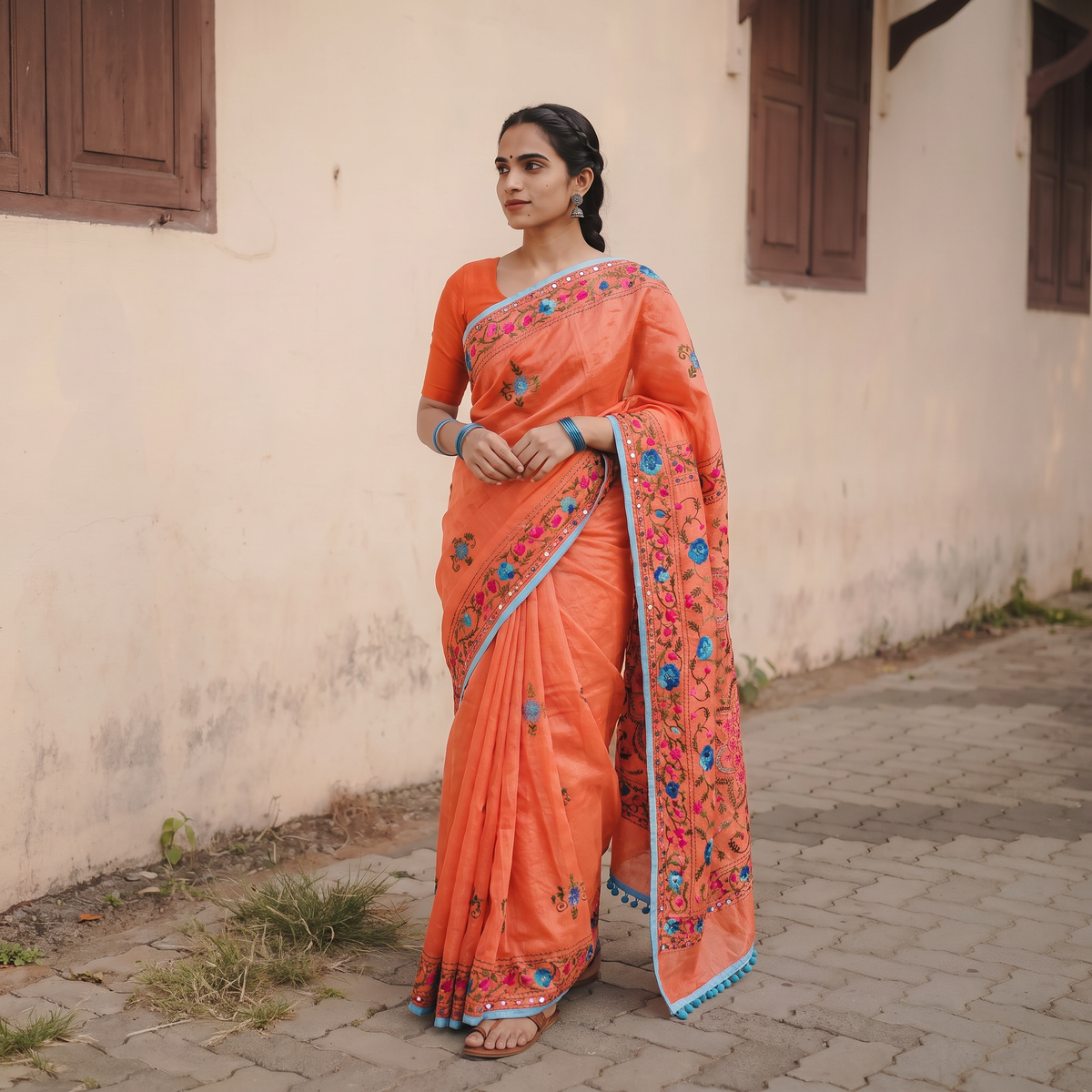 Orange Hand Embroidered Chapa Work Silk Cotton Saree, draped and worn by a woman, AI visual of the saree, iTokri
