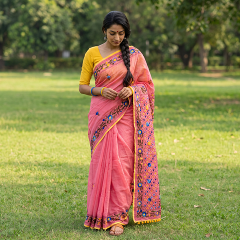 Pink Hand Embroidered Chapa Work Silk Cotton Saree, draped and worn by a woman, AI visual of the saree, iTokri