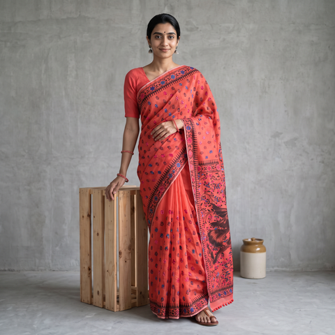 Red Hand Embroidered Chapa Work Silk Cotton Saree, draped and worn by a woman, AI visual of the saree, iTokri