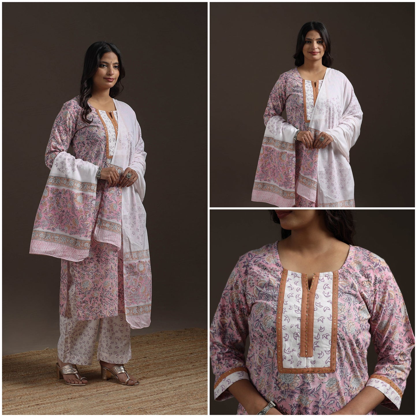 Hand embroidered cotton sanganeri suit set with dupatta
