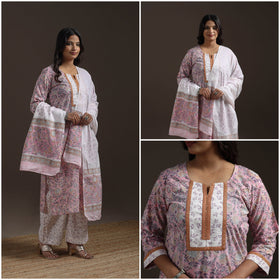 Hand embroidered cotton sanganeri suit set with dupatta