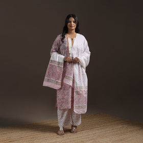 Hand embroidered cotton sanganeri suit set with dupatta