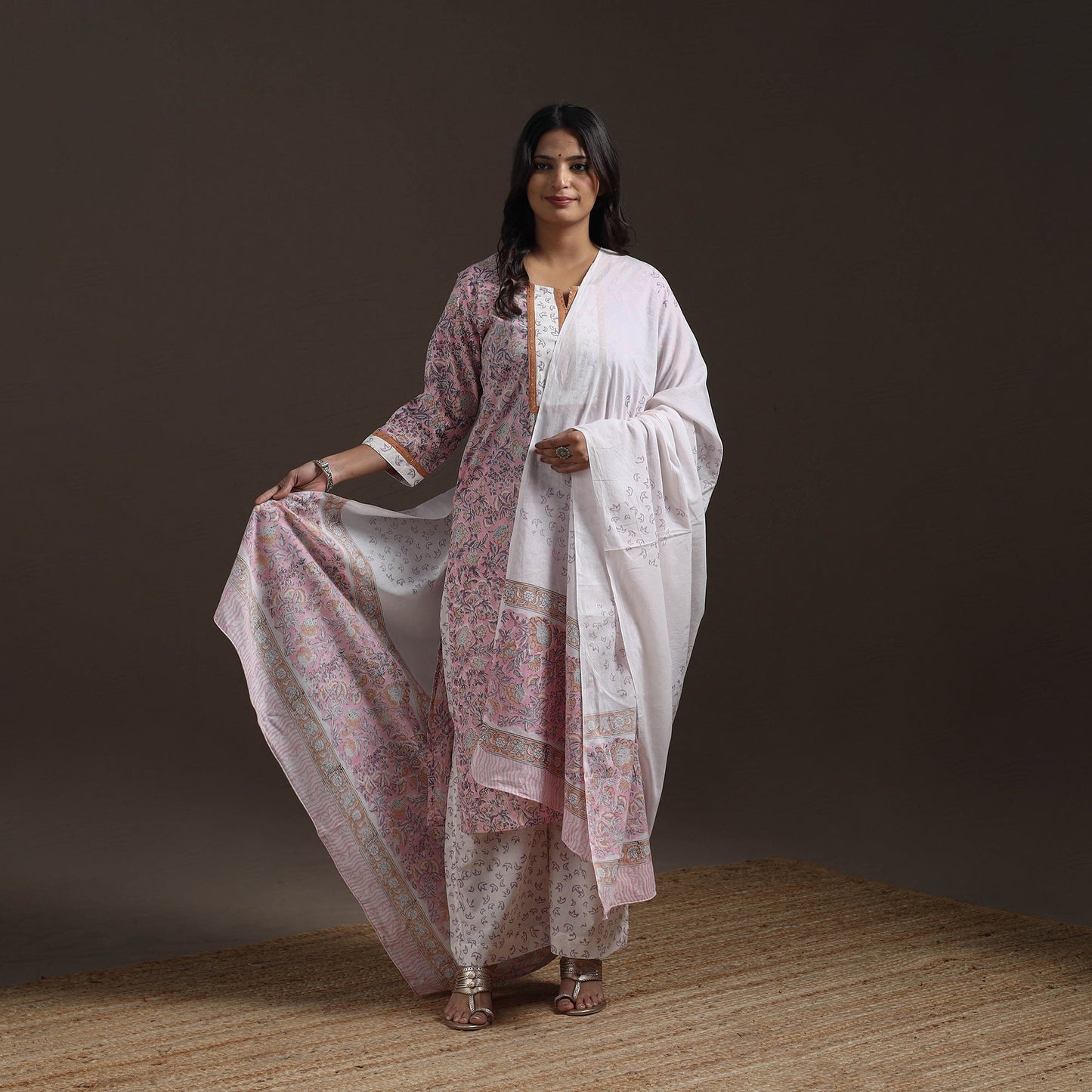 Hand embroidered cotton sanganeri suit set with dupatta