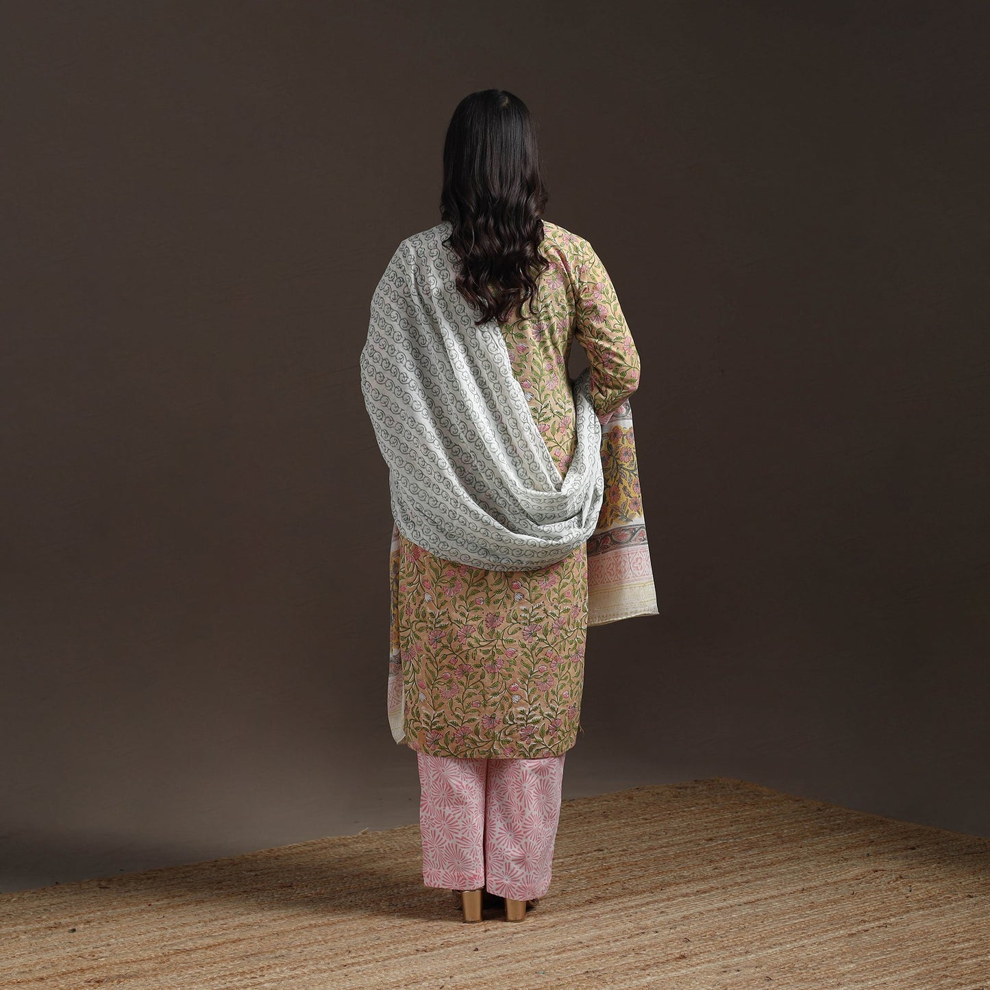 Hand embroidered cotton sanganeri suit set with dupatta