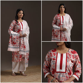 Hand embroidered cotton sanganeri suit set with dupatta