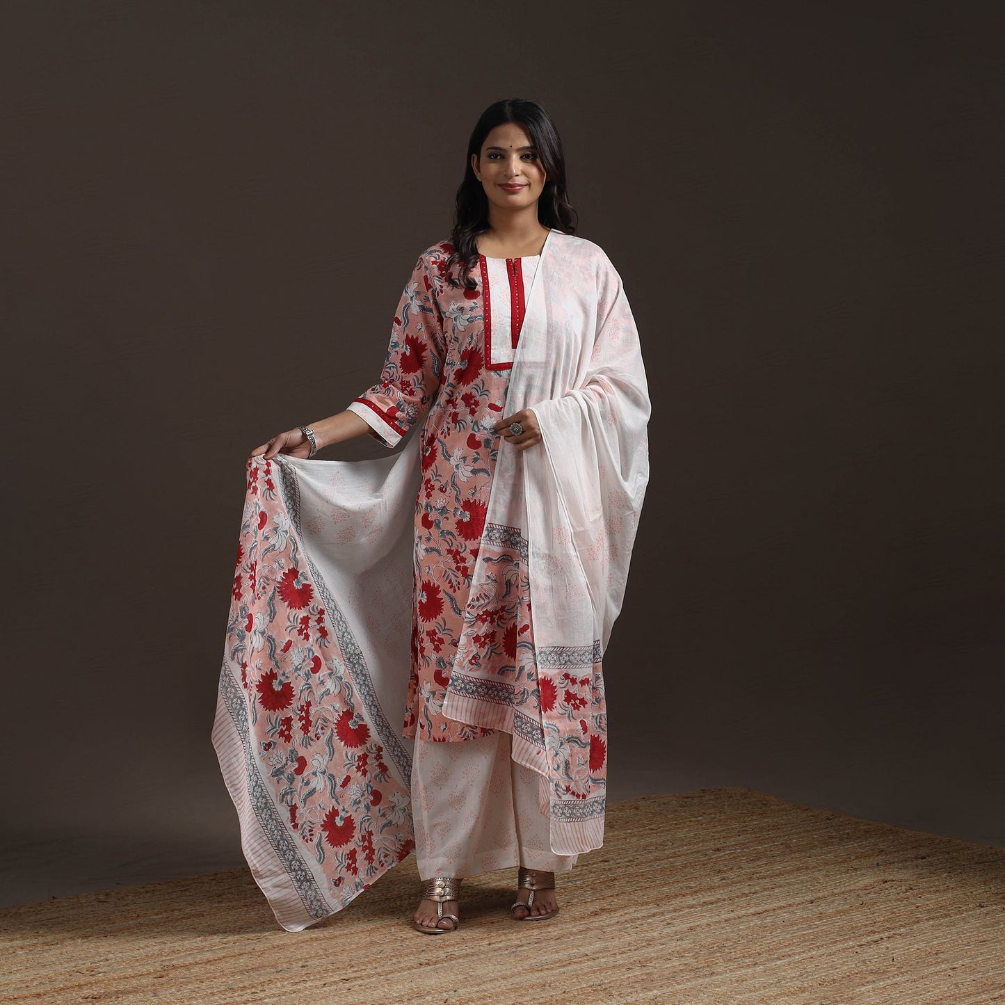 Hand embroidered cotton sanganeri suit set with dupatta