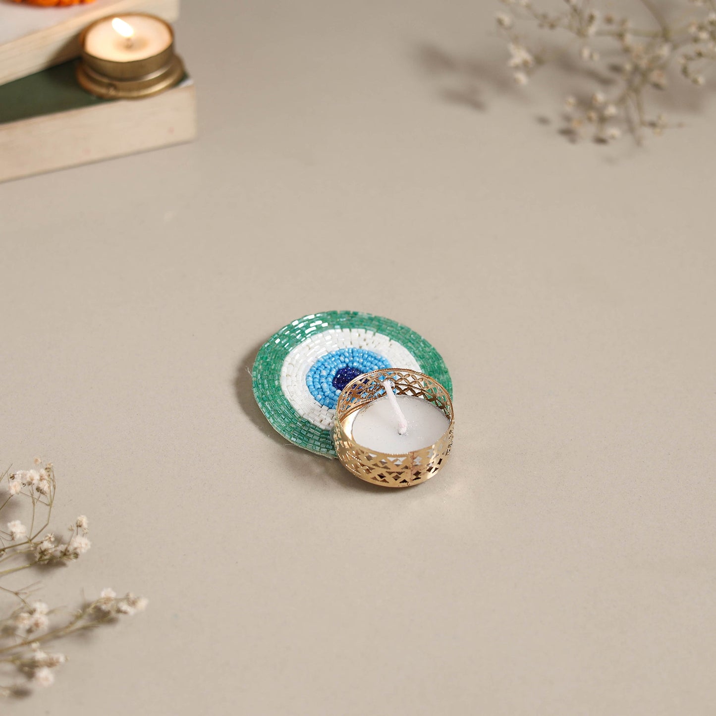 Hand embroidered evil eye beaded tealight candle holder 02