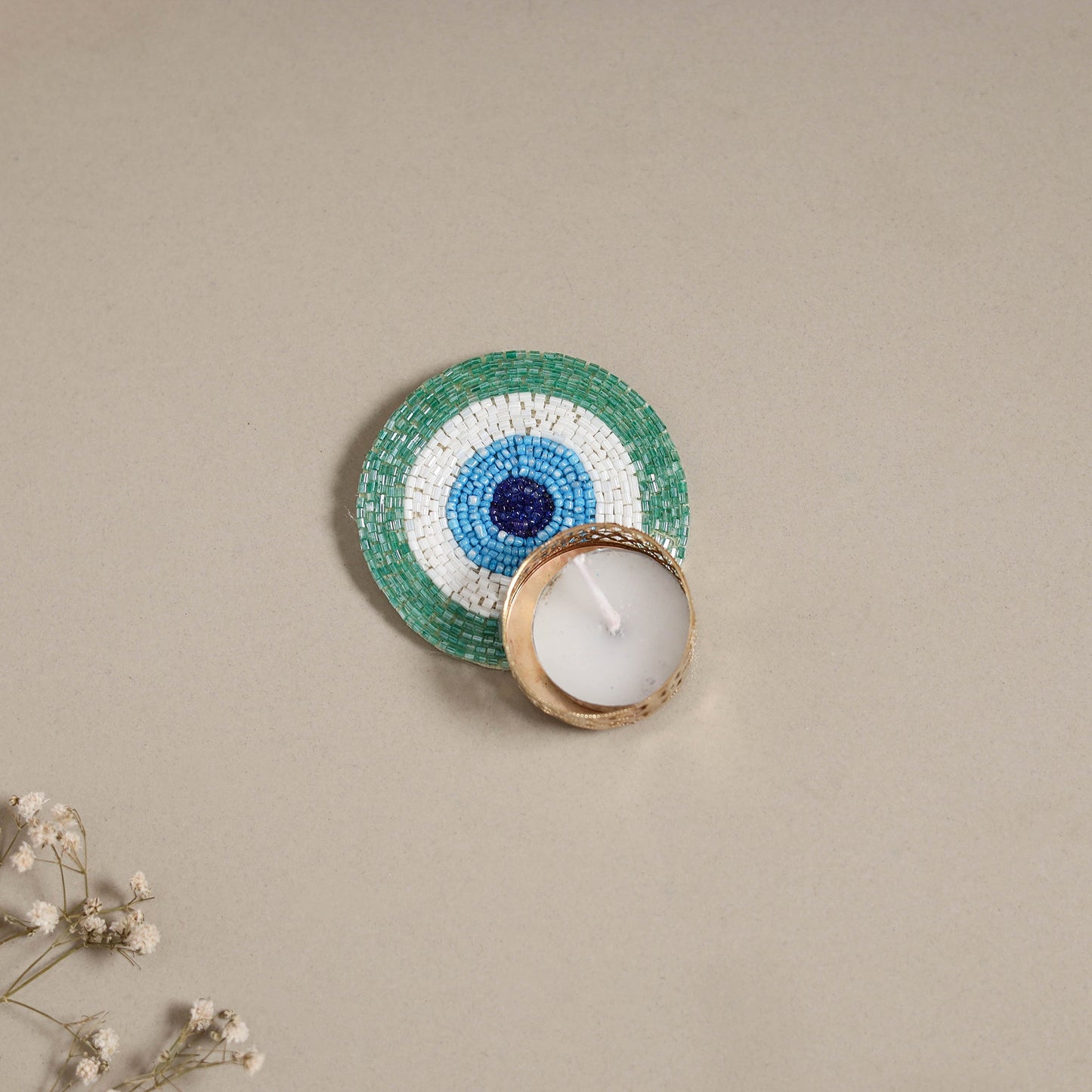 Hand embroidered evil eye beaded tealight candle holder 02