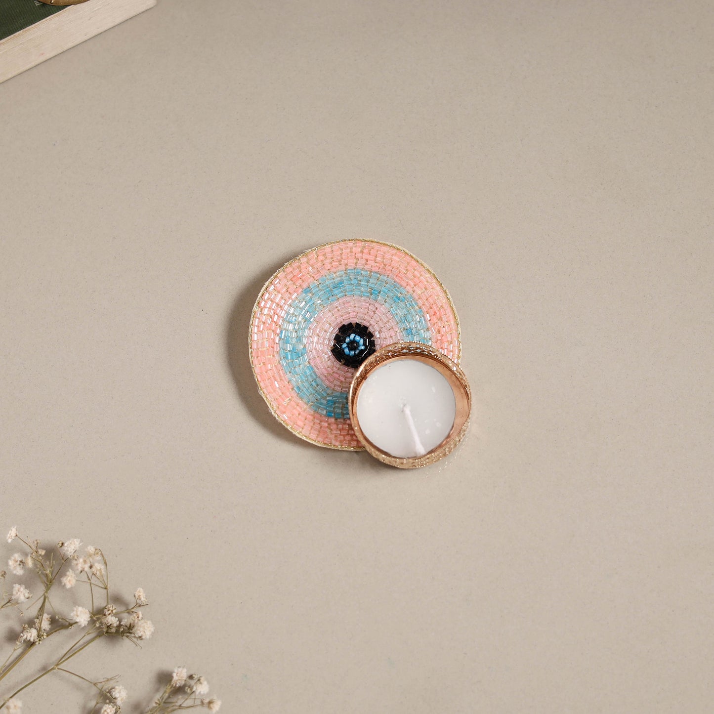 Hand embroidered evil eye beaded tealight candle holder 04