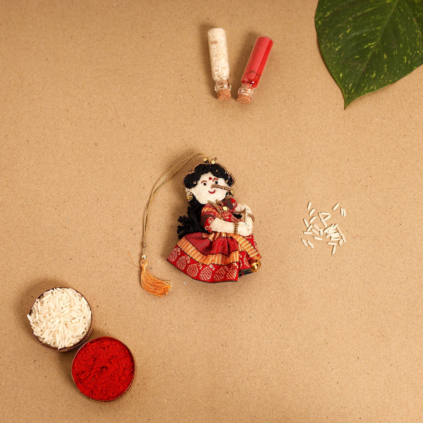  Hand Embroidered Felt Work Radha Krishna Rakhi & Lumba Set