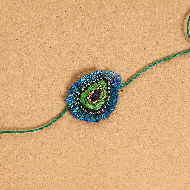  Hand Embroidered Felt Work Radha Krishna Rakhi & Lumba Set