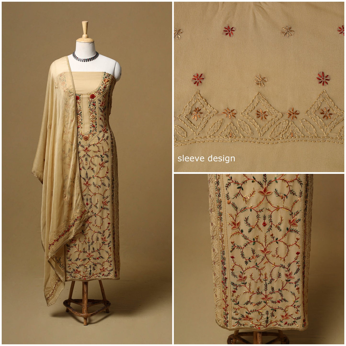 Hand embroidered georgette 3pc unstitched dress material 09