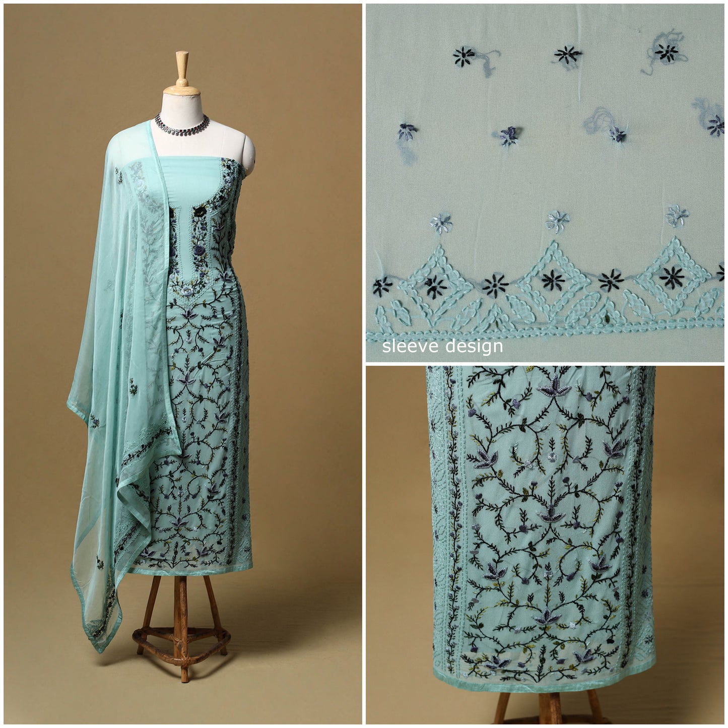 Hand embroidered georgette 3pc unstitched dress material 11