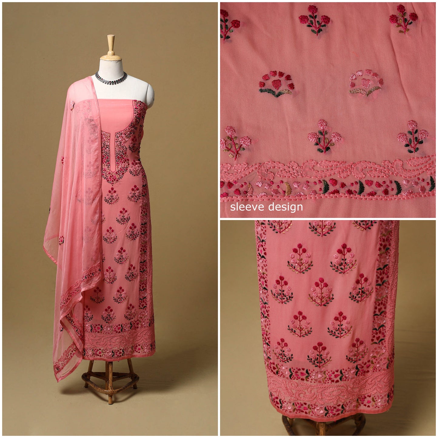 Hand embroidered georgette 3pc unstitched dress material 12