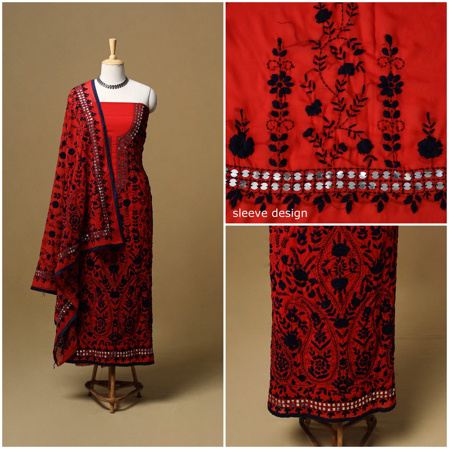 Hand embroidered georgette 3pc unstitched dress material 46