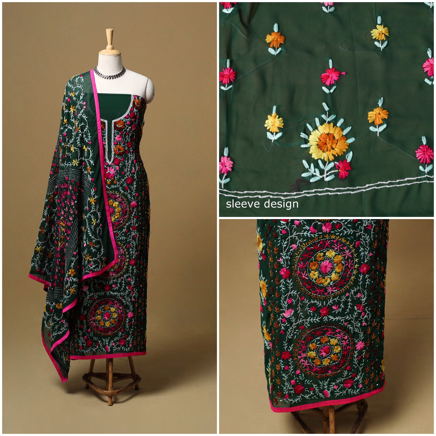 Hand embroidered georgette 3pc unstitched dress material 48