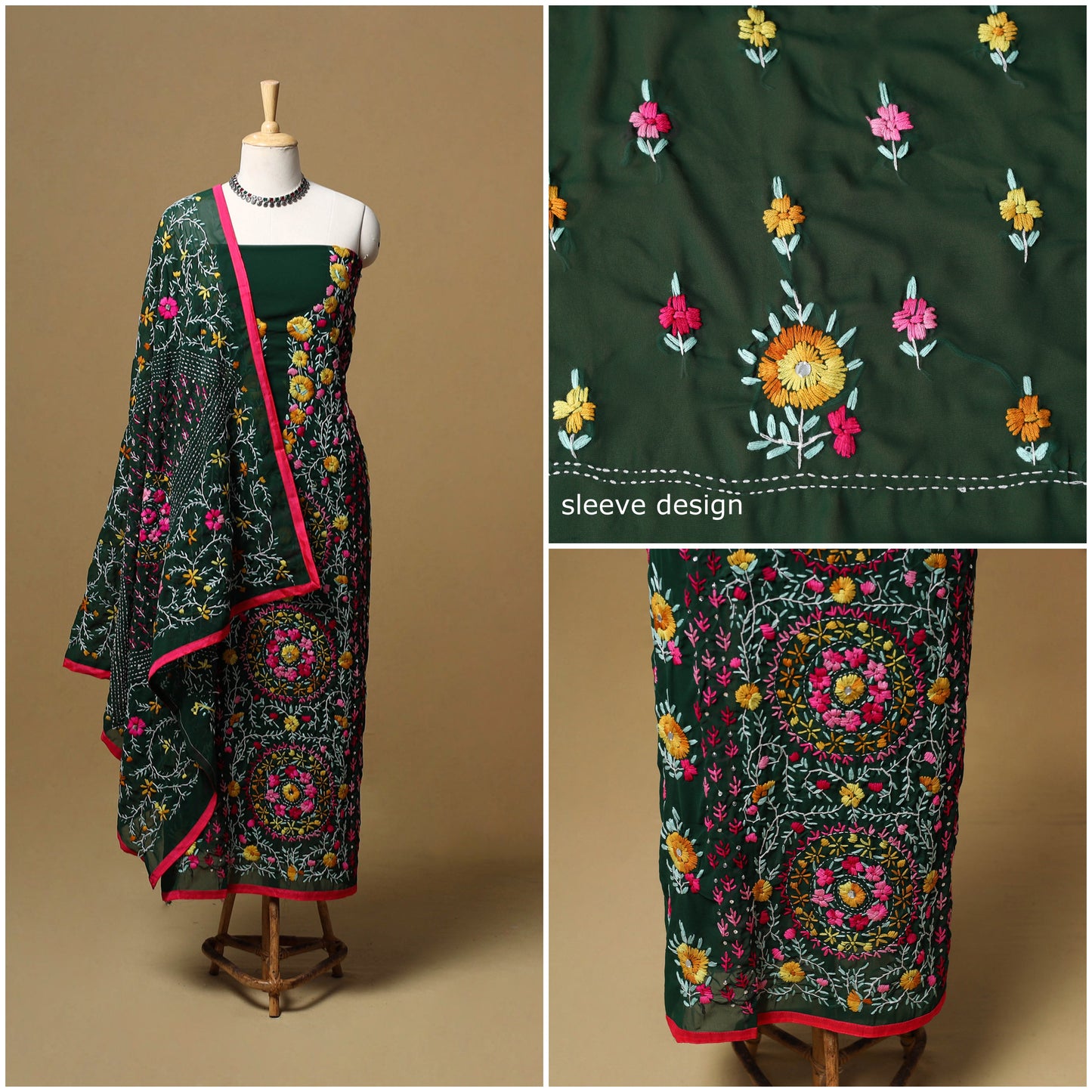 Hand embroidered georgette 3pc unstitched dress material 50