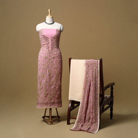 Hand embroidered georgette 3pc unstitched dress material 55