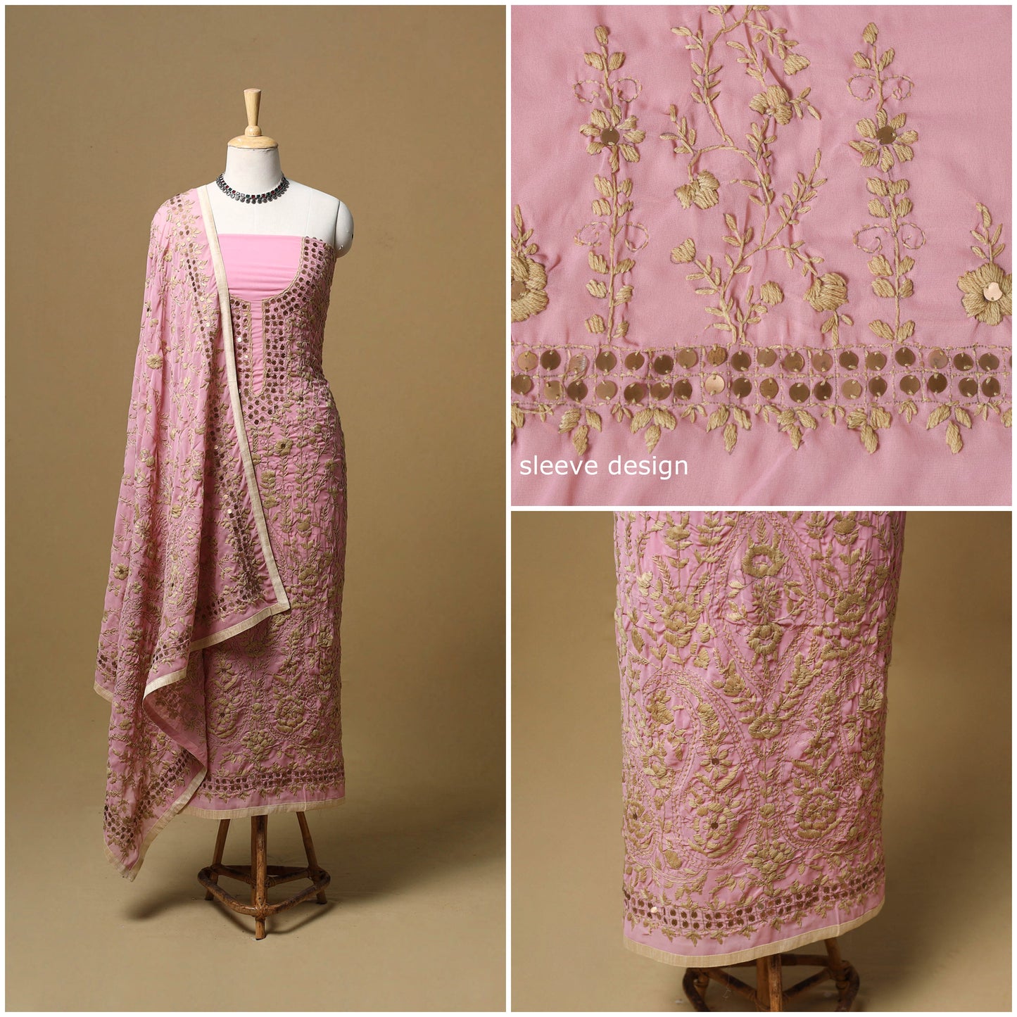 Hand embroidered georgette 3pc unstitched dress material 55