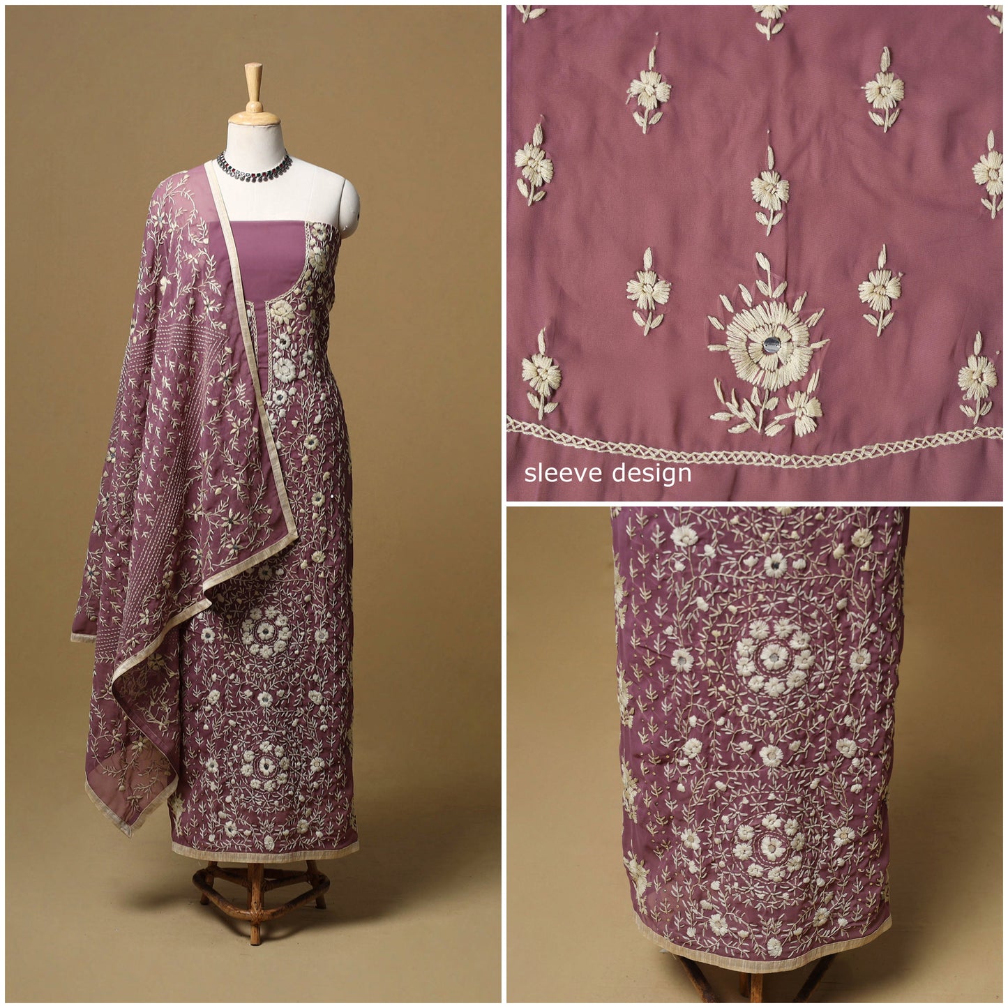 Hand embroidered georgette 3pc unstitched dress material 56