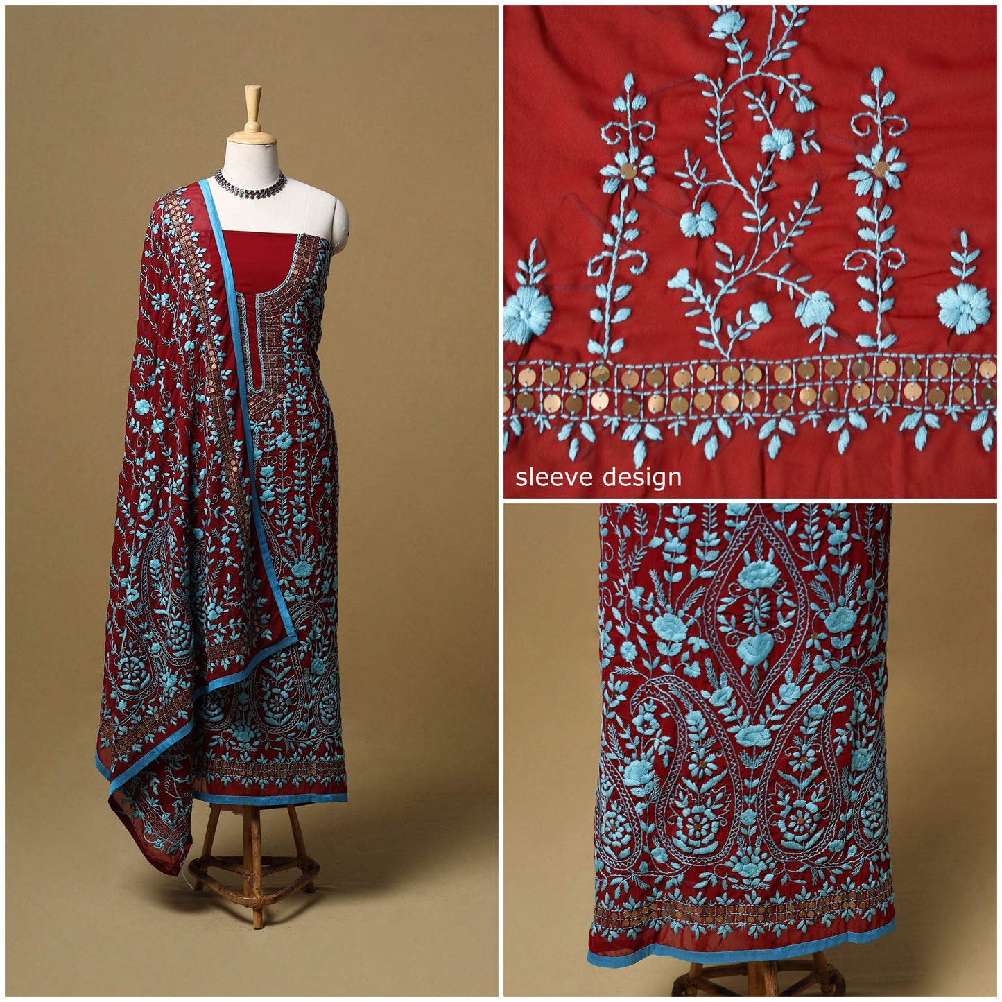 Hand embroidered georgette 3pc unstitched dress material 57