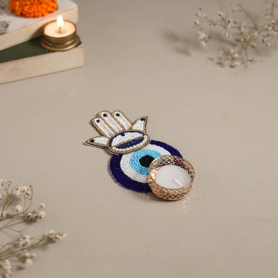 Hand embroidered hamsa evil eye beaded tealight candle