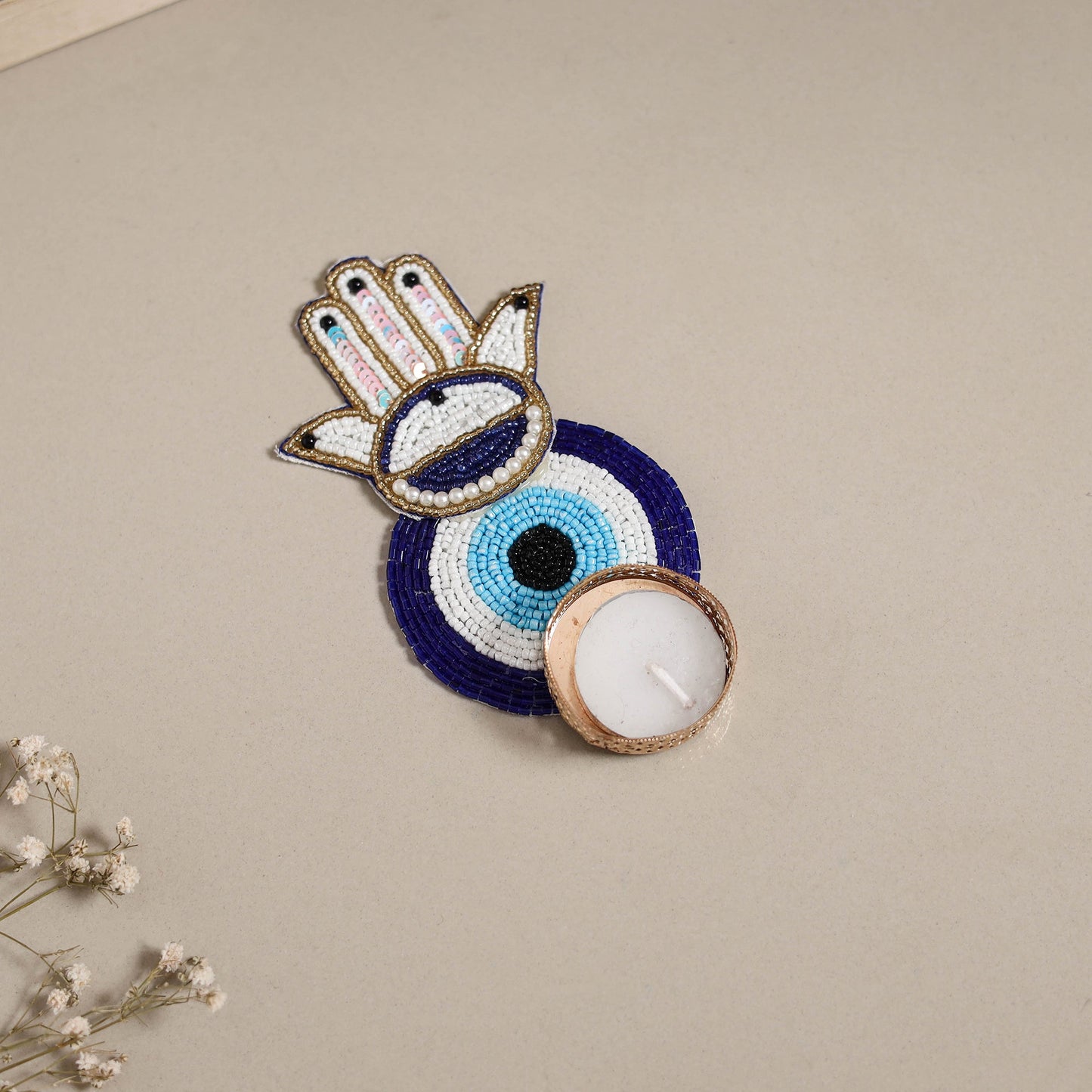 Hand embroidered hamsa evil eye beaded tealight candle