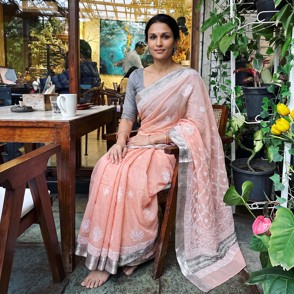 Peach Hand Embroidered Kota Doria Cotton Lucknowi Chikankari Saree with Border, draped and worn by a woman, AI visual of the saree, iTokri