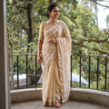 Brown Hand Embroidered Kota Doria Cotton Lucknowi Chikankari Saree with Border, draped and worn by a woman, AI visual of the saree, iTokri