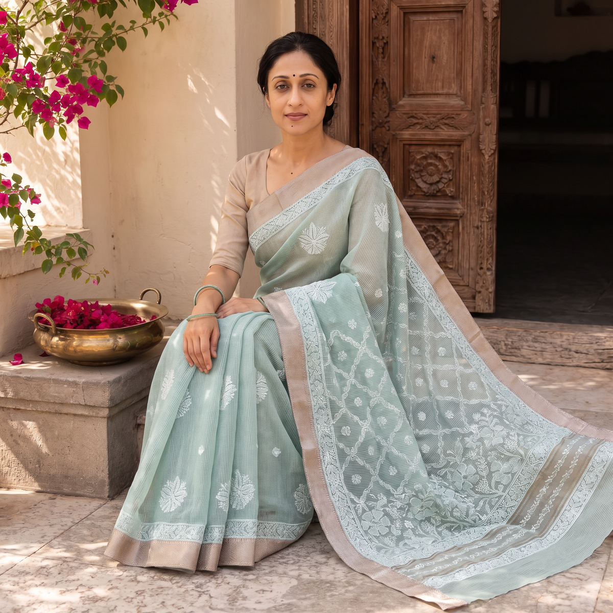 Blue Hand Embroidered Kota Doria Cotton Lucknowi Chikankari Saree with Border, draped and worn by a woman, AI visual of the saree, iTokri