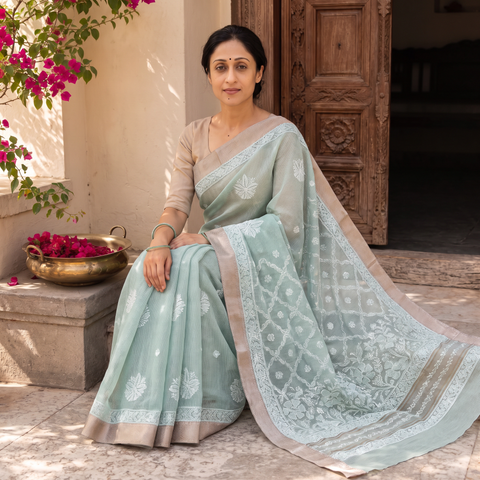 Blue Hand Embroidered Kota Doria Cotton Lucknowi Chikankari Saree with Border, draped and worn by a woman, AI visual of the saree, iTokri