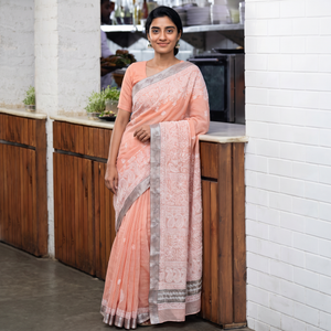 Pink Hand Embroidered Kota Doria Cotton Lucknowi Chikankari Saree with Border, draped and worn by a woman, AI visual of the saree, iTokri