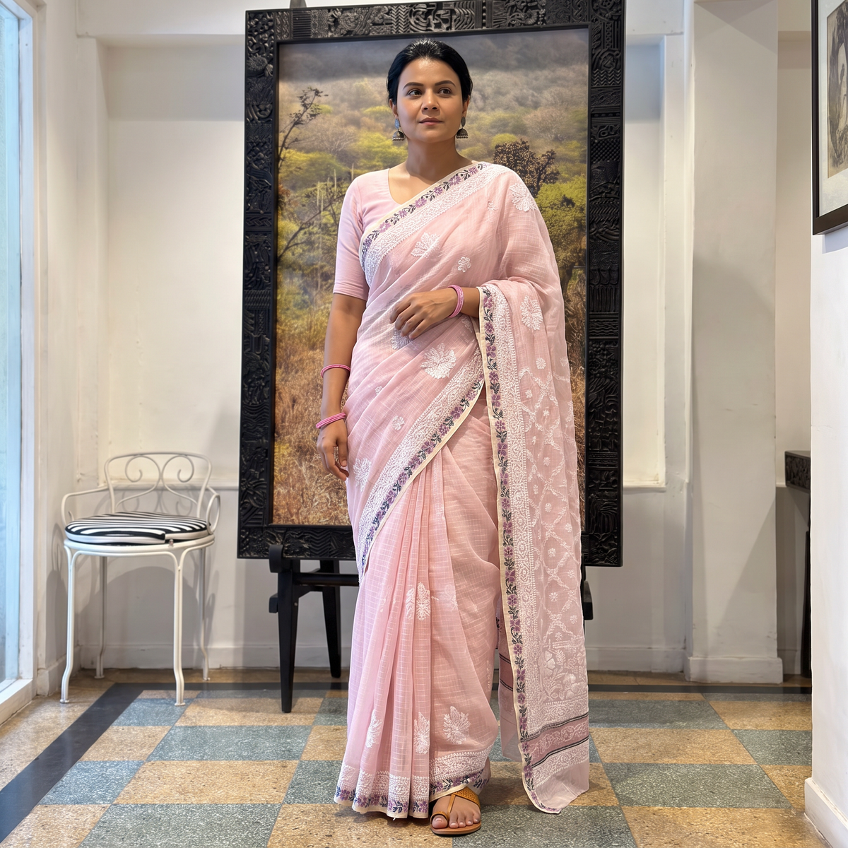 Pink Hand Embroidered Kota Doria Cotton Lucknowi Chikankari Saree with Border, draped and worn by a woman, AI visual of the saree, iTokri