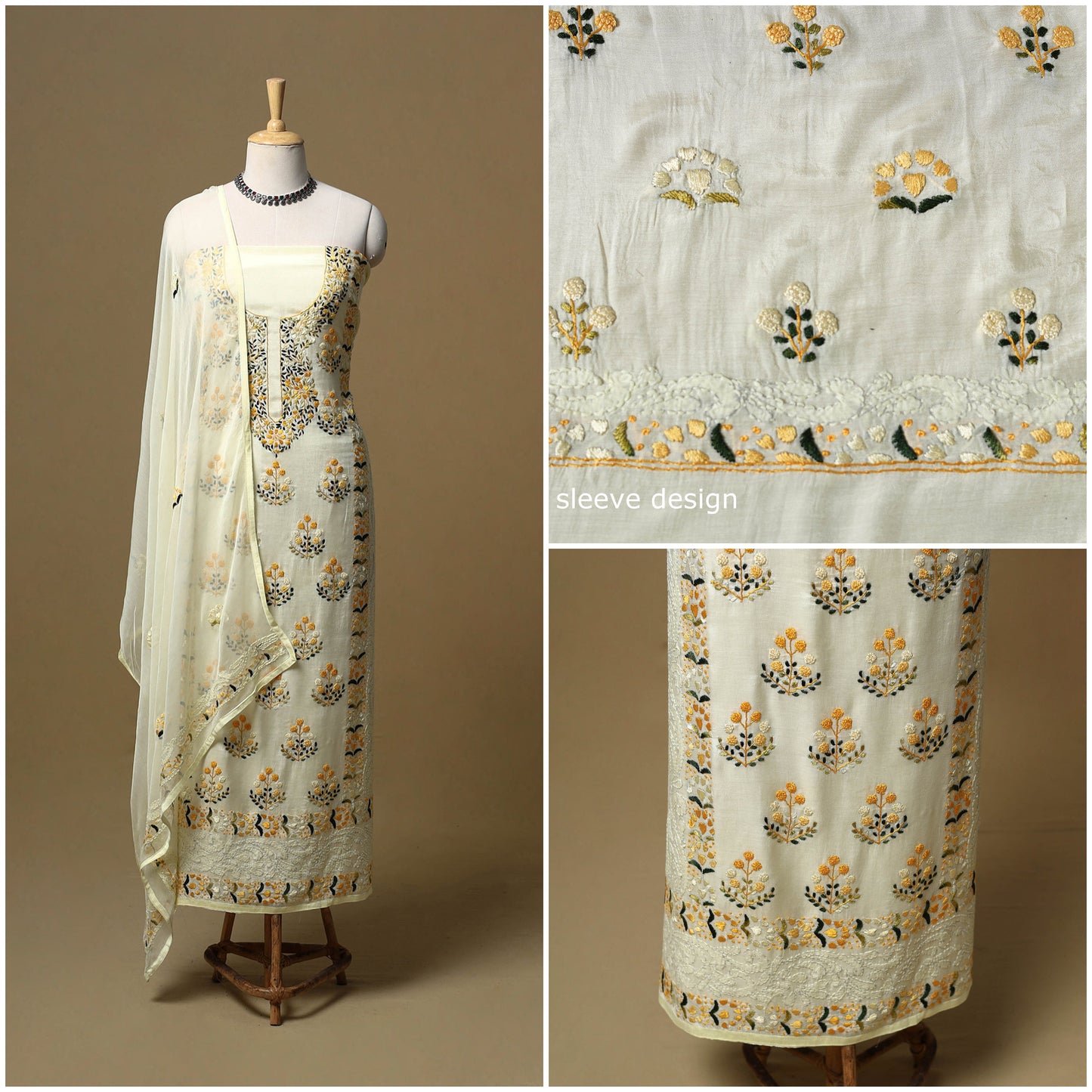 Hand embroidered muslin 3pc unstitched dress material 35