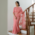 Pink Hand Embroidered Organza Silk Beadwork Chikankari Lucknowi Saree, draped and worn by a woman, AI visual of the saree, iTokri
